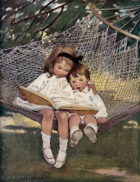 This may contain: two children are sitting in a hammock reading a book, with the caption good house keeping