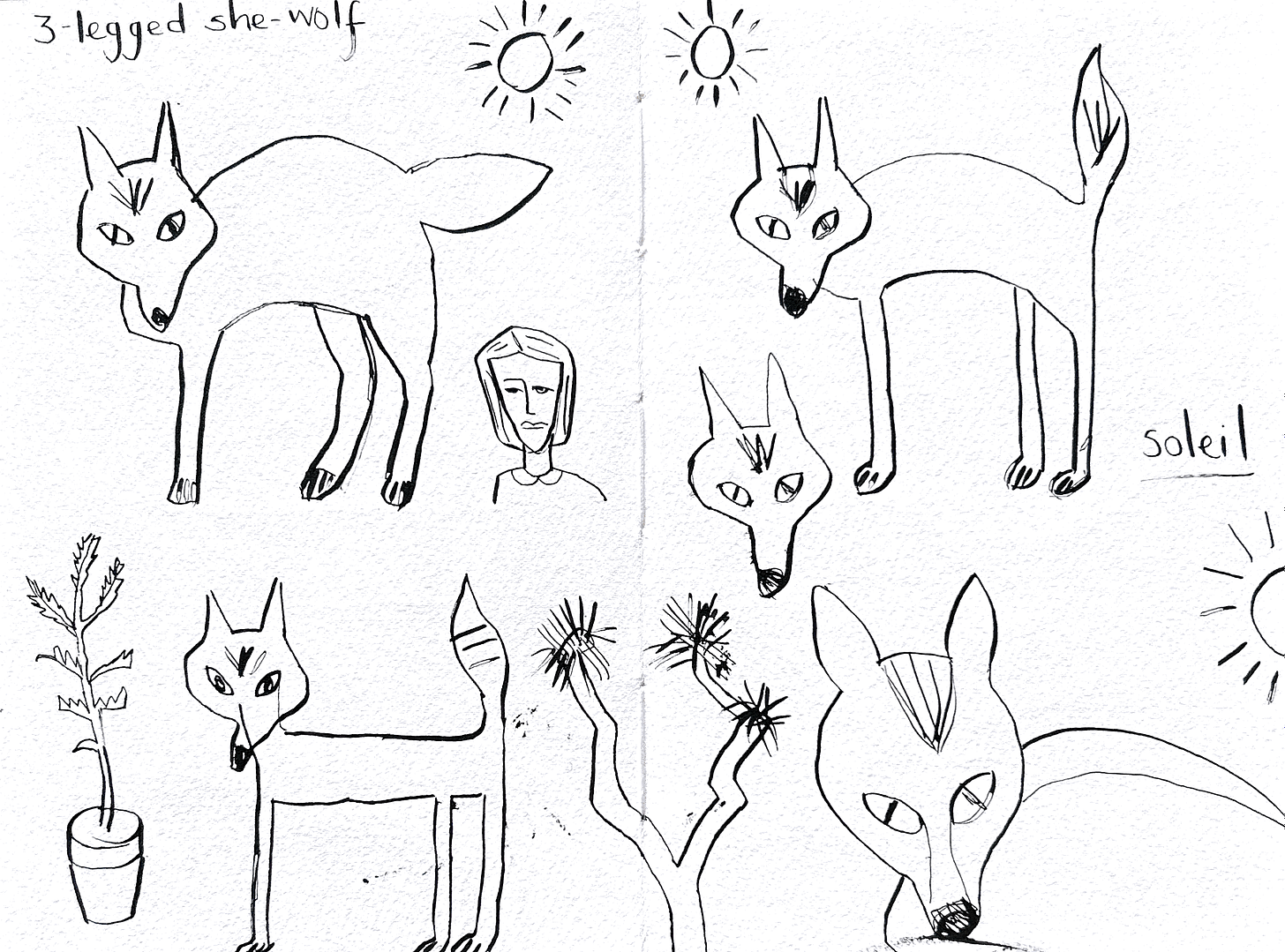 two pages of drawings of she-wolf