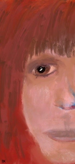 Abstract half portrait by Sherry Killam Arts of a young woman with reddish hair and brown eyeys.