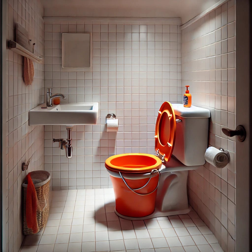 A small bathroom with an orange bucket that is designed to look like a toilet. The bucket has a seat attached and is placed in a typical toilet location in the bathroom. The room has white tiles on the floor and walls, with a sink nearby, a towel hanging on the wall, and a small mirror above the sink. The lighting is soft, creating subtle shadows in the room.