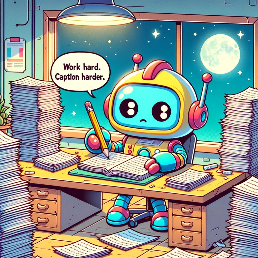 Wide cartoon in a 16:9 aspect ratio of a robot sitting at a desk, using a pencil to cross out and write new text on endless stacks of papers. The robot has a playful design with bright colors, round shapes, and expressive eyes. The desk is cluttered with papers, and there are more stacks of papers on the floor around the desk. The background features a window with a view of the moon and stars. A speech bubble shows the robot saying 'Work hard. Caption harder.'