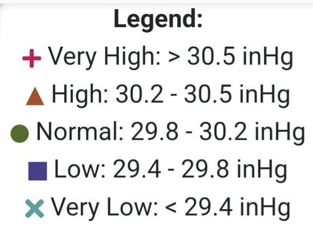 May be an image of text that says 'Legend: + Very High: > 30.5 inHg High: 30.2 30.5 inHg Normal: 29.8 30.2 inHg Low: 29.4 29.8 inHg 29.4 inHg Very Low:'