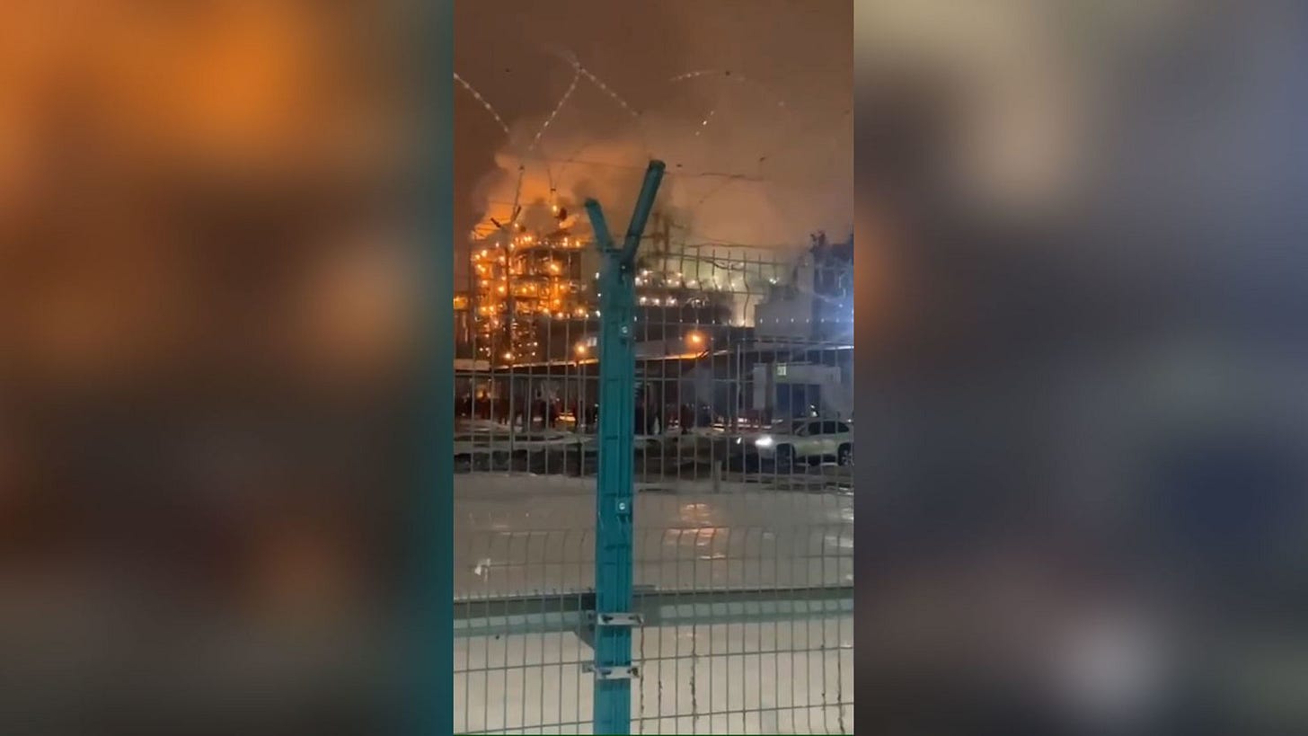 A still from a video posted by the Republic of Tatarstan and geolocated by CNN appears to show flames and smoke surrounding the refinery in Tatarstan.