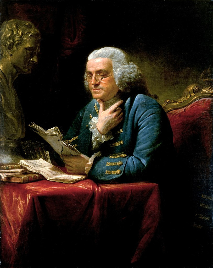 Benjamin Franklin at his desk. Portrait of Franklin by David Martin, 1767.