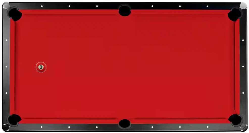 A red 3 ball on a red felt pool table