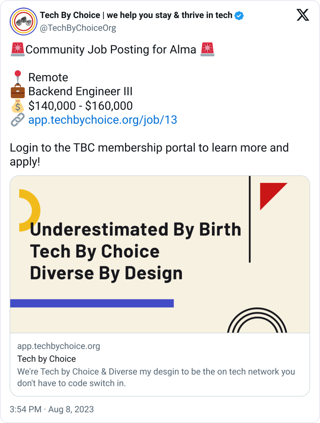 Tech By Choice | we help you stay & thrive in tech @TechByChoiceOrg 🚨Community Job Posting for Alma 🚨  📍 Remote 💼 Backend Engineer III 💰 $140,000 - $160,000 🔗 https://app.techbychoice.org/job/13  Login to the TBC membership portal to learn more and apply!