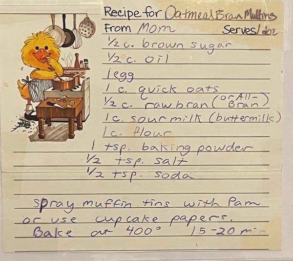 A yellowed recipe card for oatmeal bran muffins