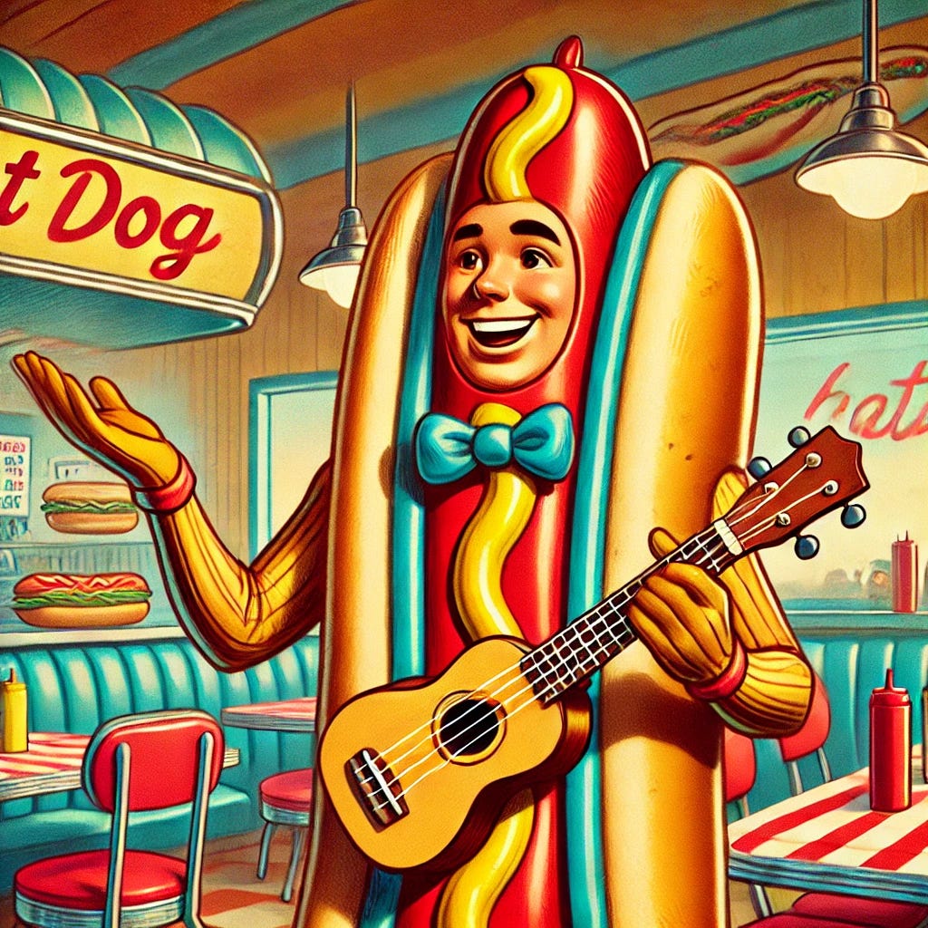 An obnoxious man in a hotdog mascot uniform