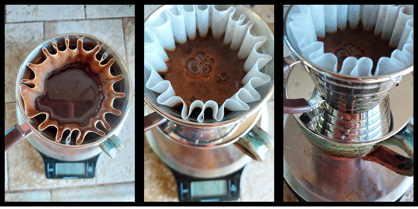A 3-part collage showing coffee brewing in a stainless steel pour over dripper on a ceramic mug sitting on a kitchen scale. View is from directly above or at an overhead angle.