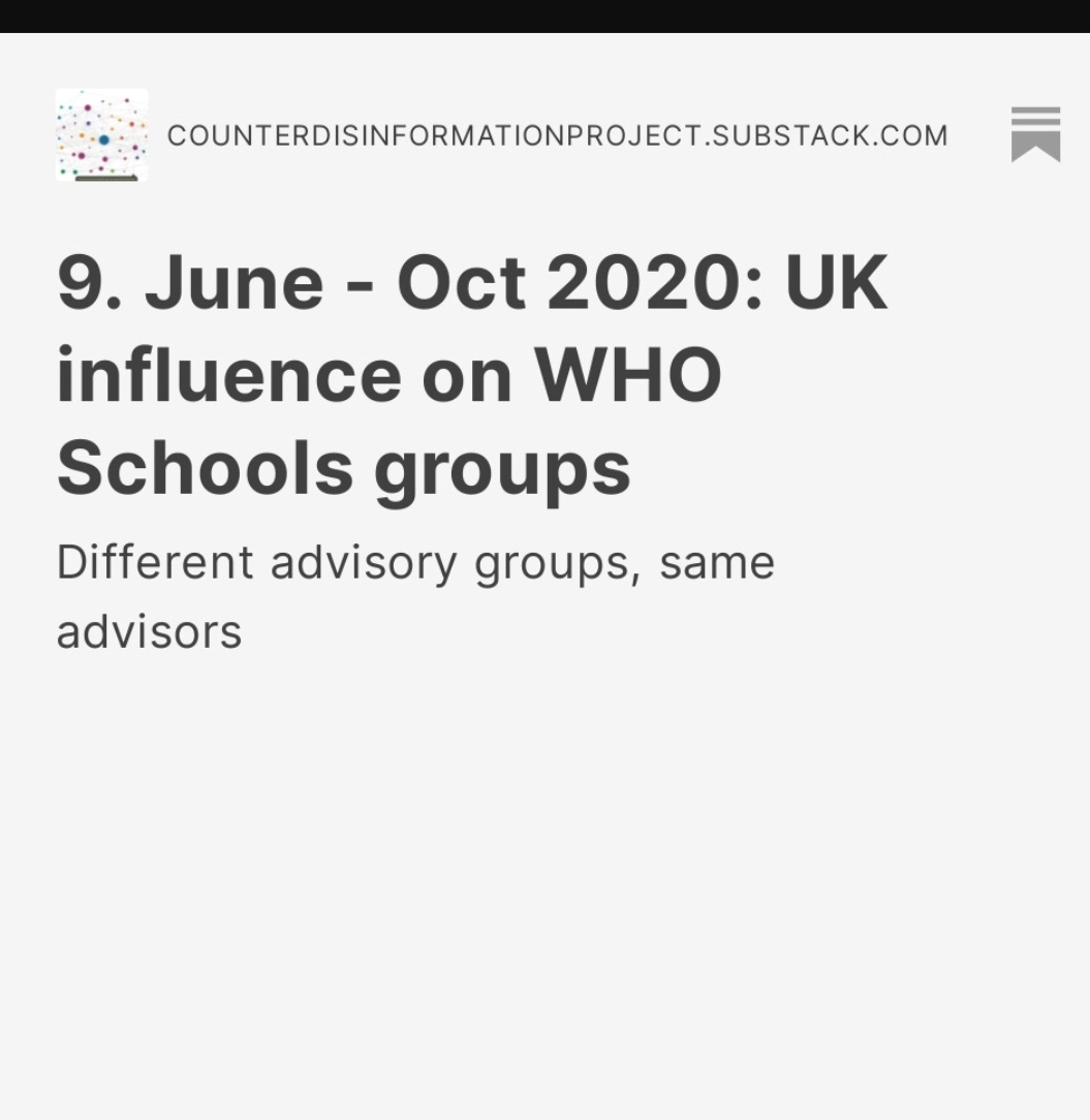 9. June - Oct 2020: UK influence on WHO Schools groups 