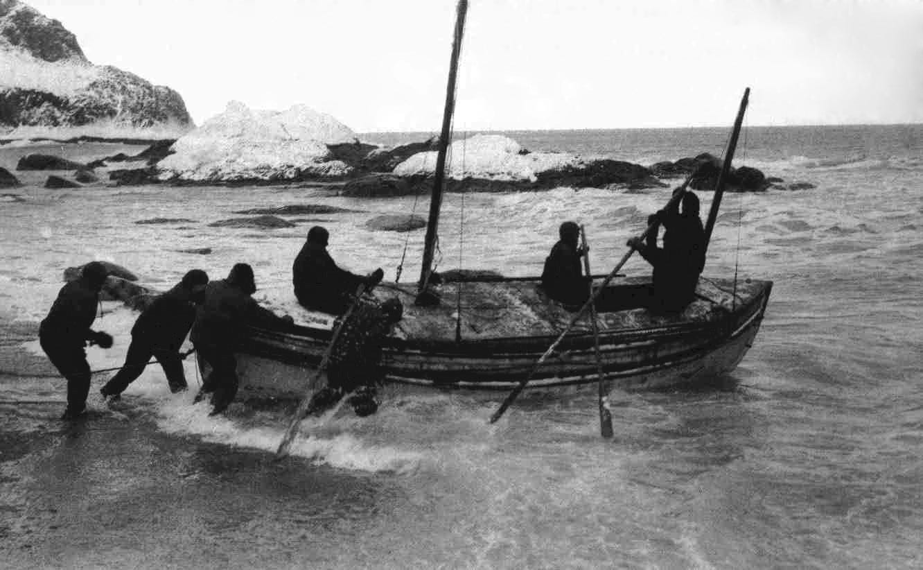 Shackleton's small boat approaching South Georgia