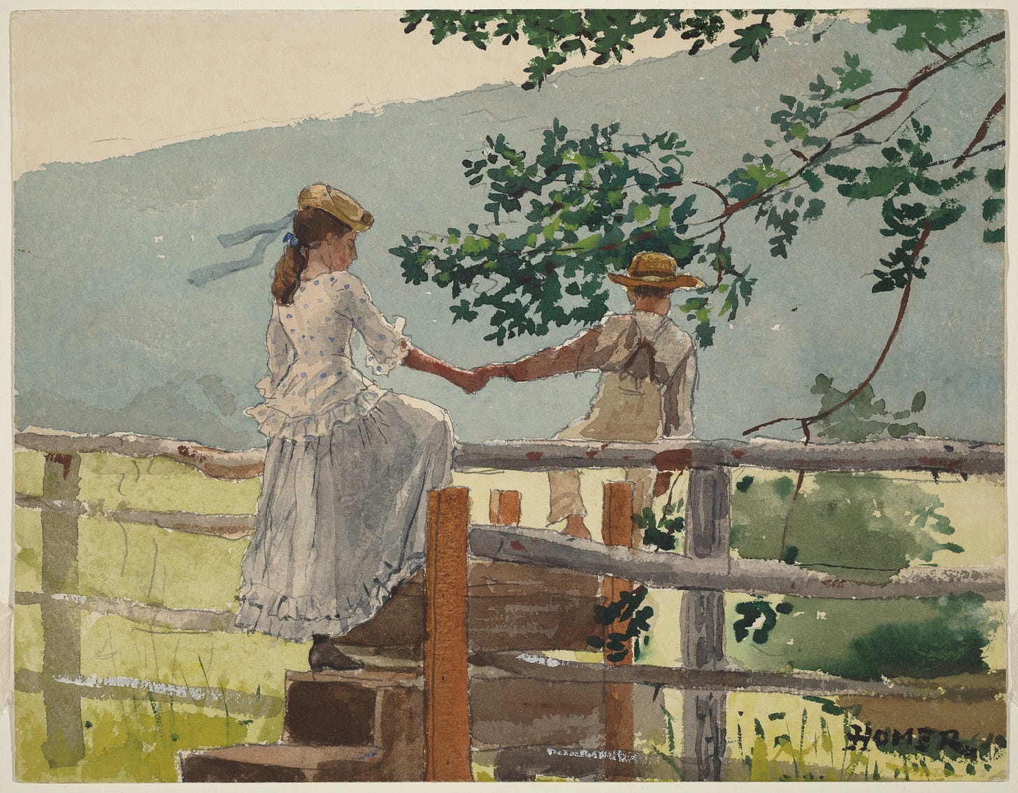 A boy guiding a girl over the countryside fence