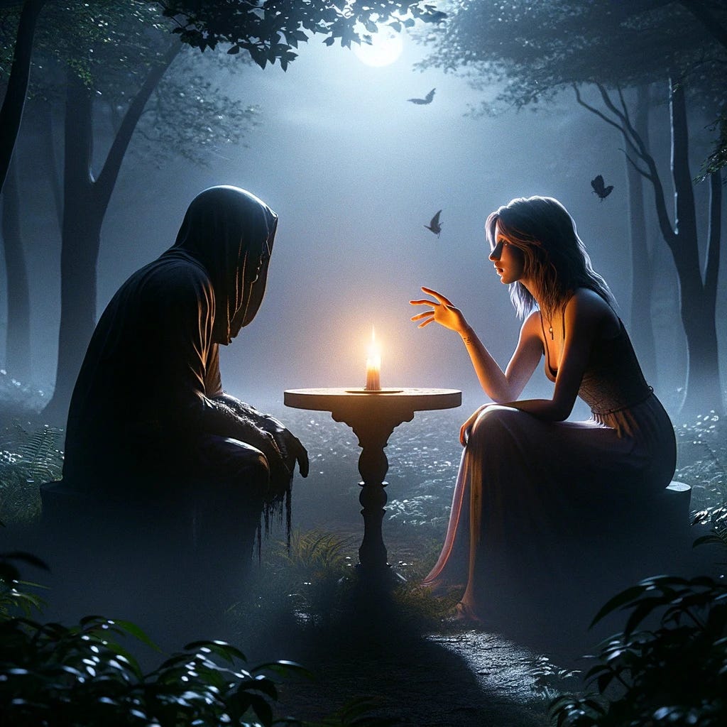 Imagine The Wounded Dreamer in a serene, moonlit glade within Mirrormere's forest, sitting across from a shadowy figure that represents the other in a dialogue, embodying the concept of conflict resolution. Between them, a small, round table holds a single candle, casting a gentle light that illuminates their faces, symbolizing the light of understanding and empathy. They are both partially enveloped by a soft mist, signifying the sometimes unclear and difficult path to mutual understanding. The Wounded Dreamer leans forward, her expression open and earnest, her hands gesturing in a way that conveys her willingness to listen and understand. The shadowy figure mirrors her posture, indicating a reciprocal engagement in the process. Around them, the forest is alive with the whispers of leaves and the occasional call of a night creature, adding to the atmosphere of quiet introspection. This scene captures the essence of The Wounded Dreamer’s empathetic and thoughtful communication style, as well as her commitment to finding harmony and resolving conflicts through heartfelt dialogue.