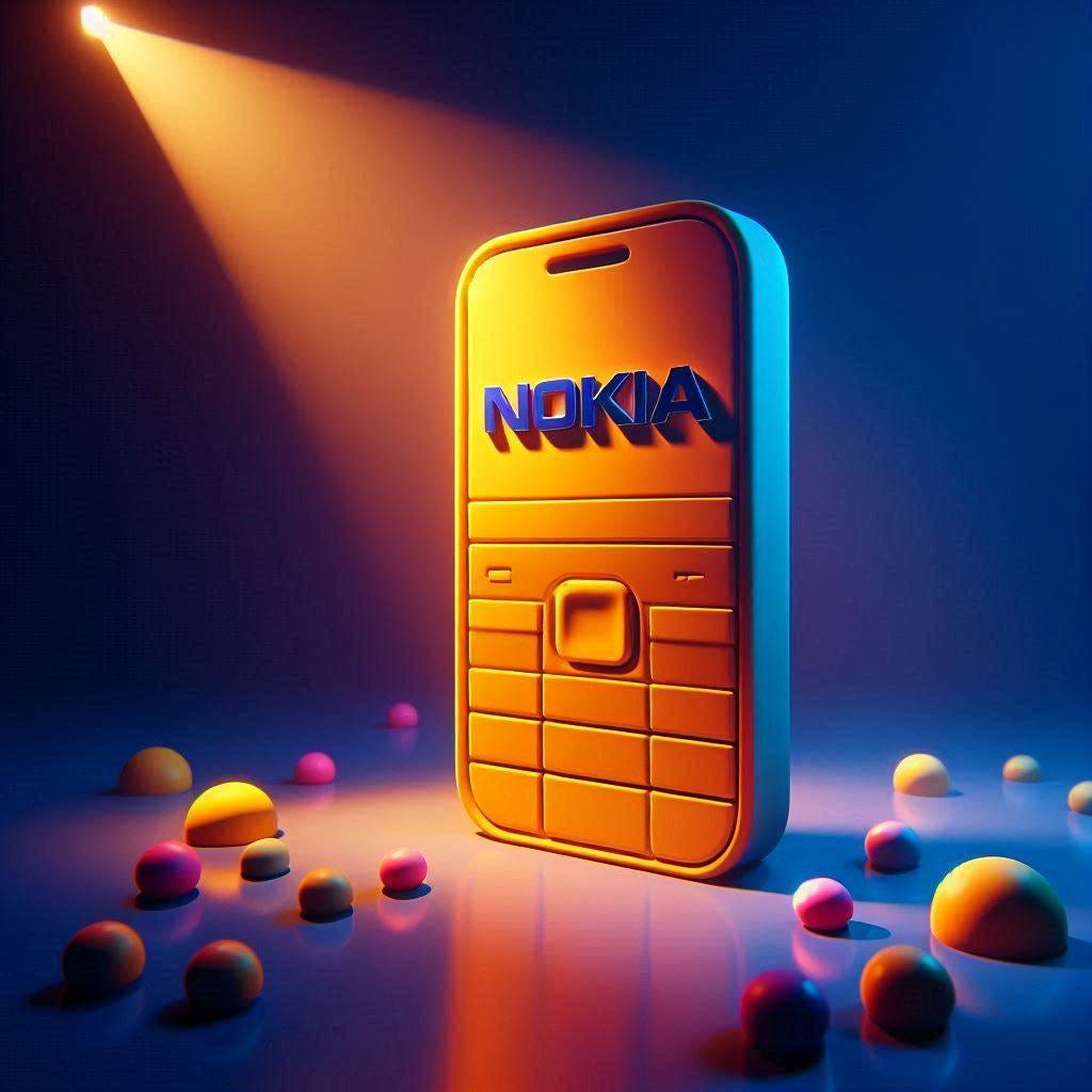 Nokia - in Claymation  - Using bright colours - minimalist image - Smooth Image - with 3d Effects with light projecting from the top in a dark room