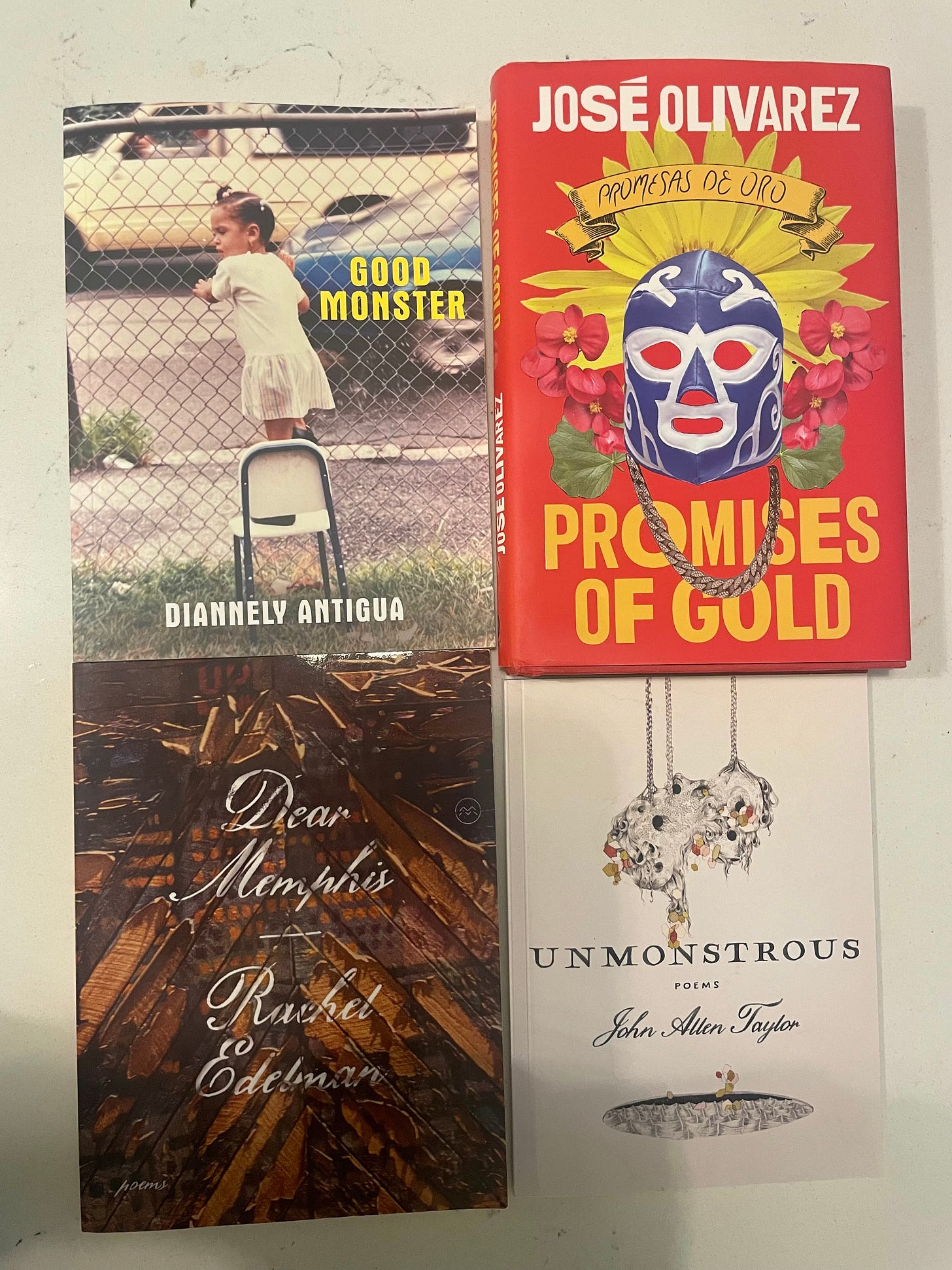 Good Monster by Diannely Antigua, Promises of Gold by José Olivarez, Dear Memphis by Rachel Edelman, Unmonstrous by John Allen Taylor