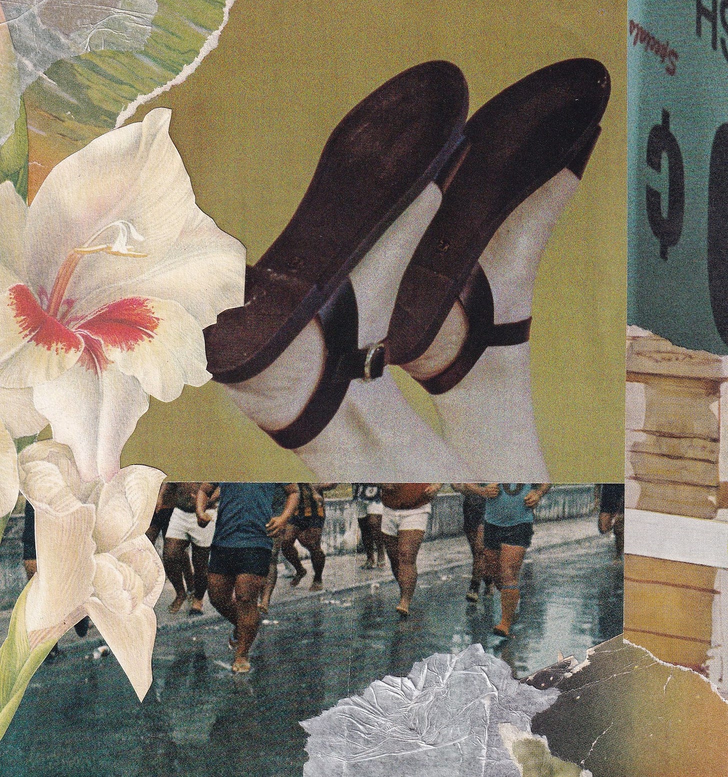 analog collage in cool greens and muted turquoise colors; at top is a pair of feet in sandals pointing toward the sky, and at bottom there is an image of a race being run. all are overlaid with scraps and ephemera for an abstract analog collage.