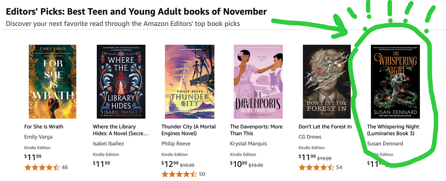 A screenshot of the Amazon Best Teen and Young Adult Books of November, with The Whispering Night circled in green