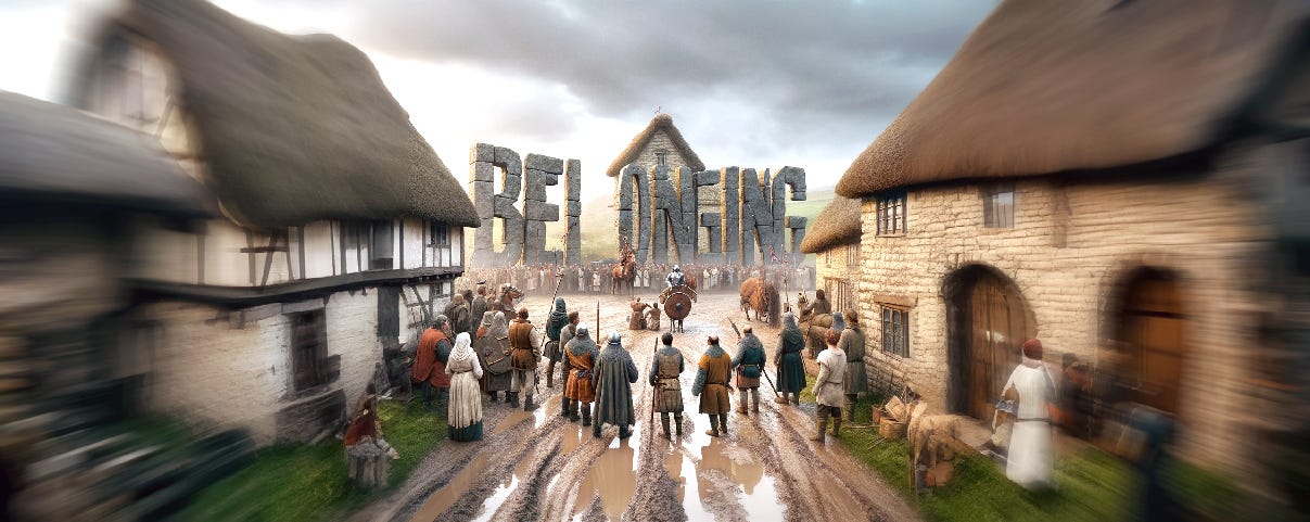 Photo of medieval peasants and knights looking at the word 'BELONGING' built out of stone