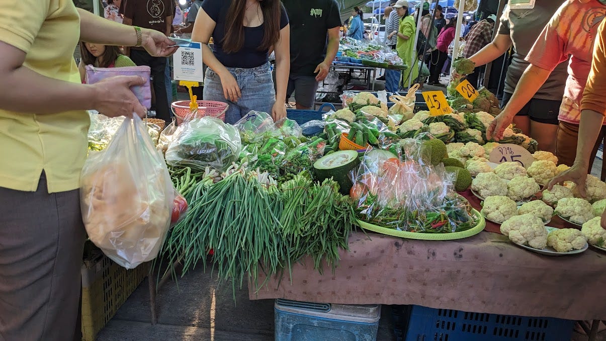 a busy neighborhood market in chiang mai, thailand