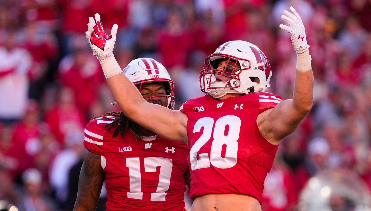 Wisconsin Badgers inside linebacker Christian Alliegro celebrates after making a tackle