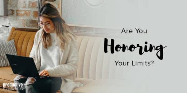 A lady sits on an orange couch typing on a laptop in her lap. Text overlay: Are You Honoring your Limits?