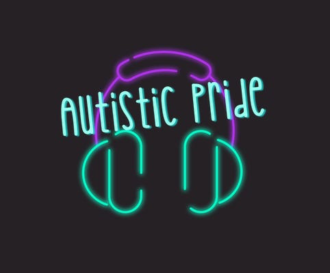 A neon purple and teal set of headphones on a black background with the words Autistic Pride in teal on top