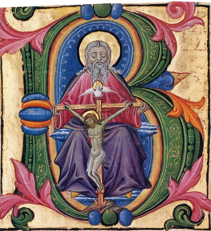 A decorative letter 'B' in a manuscript. In it, God sits with a crucified Jesus before him.
