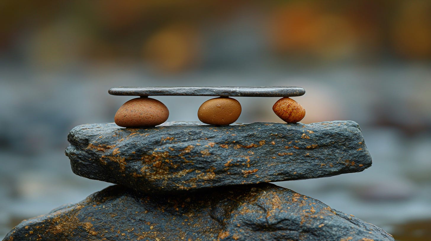 An image showing the tough balance between: self-care, couplehood, family, friends, work, and community. Each element is a weight on a seesaw. It shows the need for balance in managing these priorities.