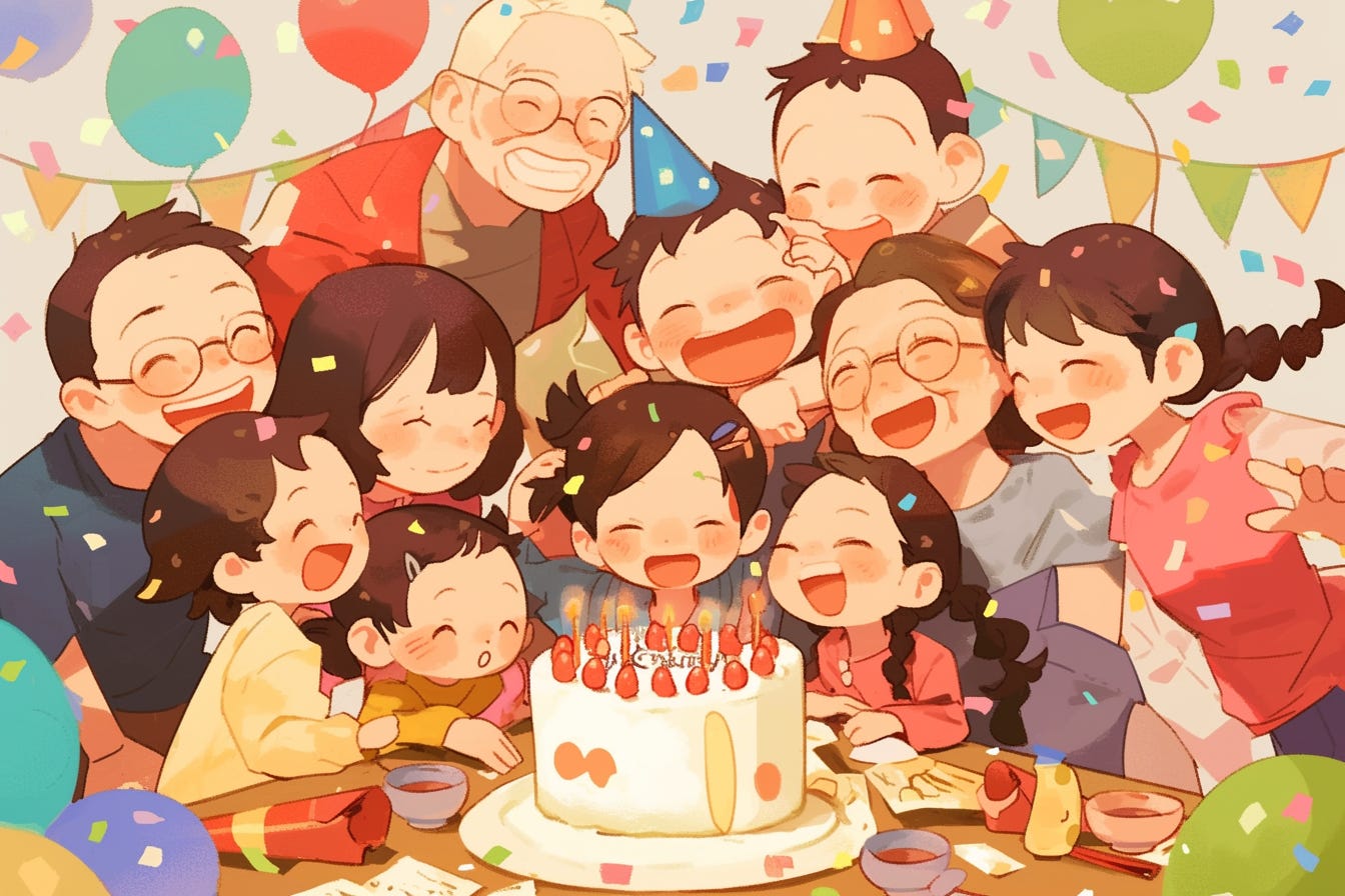 Family celebrating, cartoon, by Midjourney using Niji V6