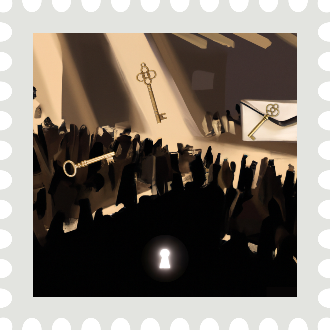 A stamp with a sepia toned image depicting an envelope floating above a stage, an audience, and a beam of light. Each of these items has a key floating in front of it. A glowing keyhole in the foreground at the bottom of the image.