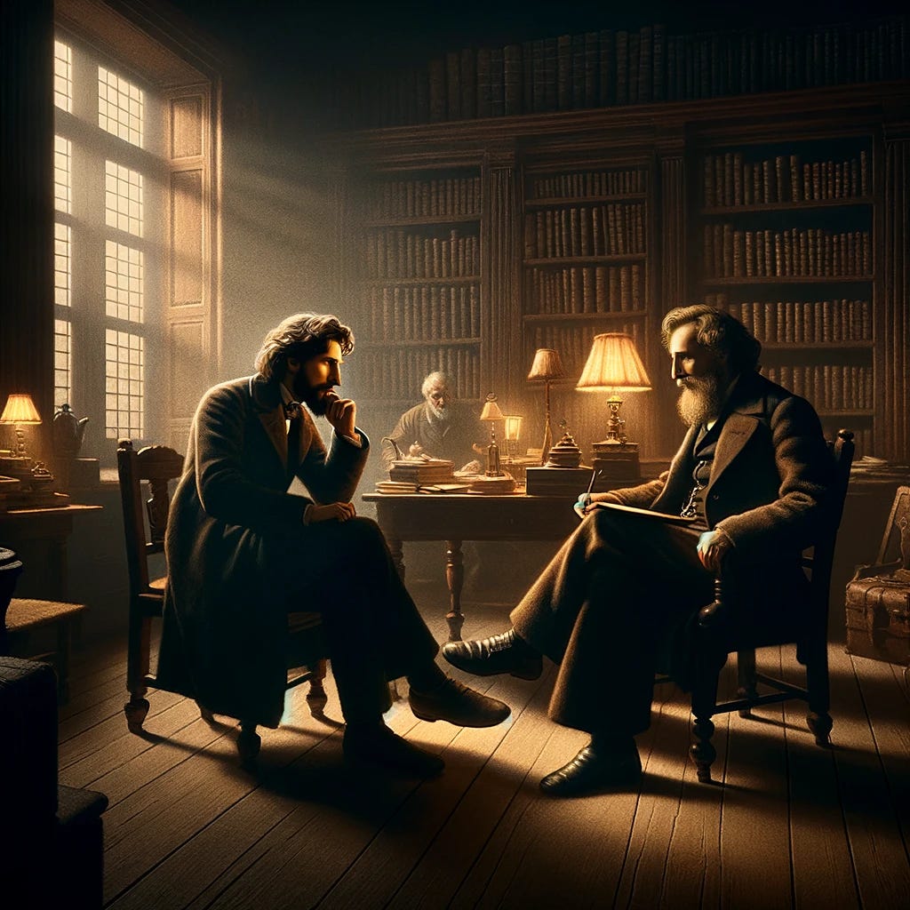 In the style of Rembrandt, an image depicting two men inspired by 19th-century Russian intellectuals, akin to Fyodor Dostoevsky and Aleksandr Solzhenitsyn. They are seated in a classic, dimly lit study, engaged in a thoughtful conversation. The room is filled with bookshelves and heavy wooden furniture, reflecting a traditional intellectual setting. The lighting accentuates their facial expressions and the intimate atmosphere, capturing a moment of deep intellectual exchange. This scene aims to embody the essence of a reflective dialogue.