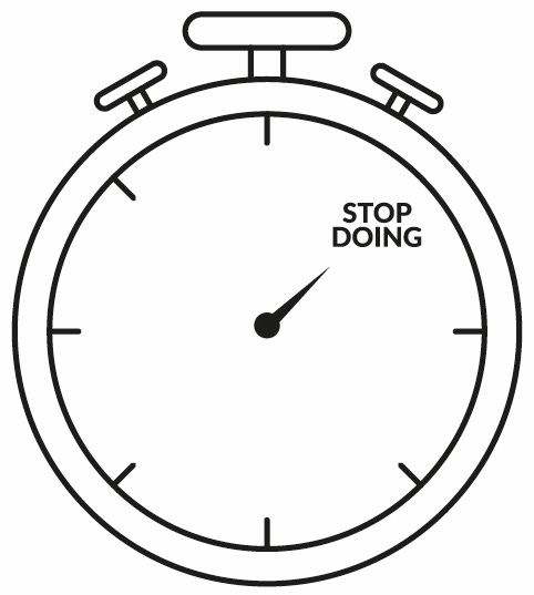 A stopwatch with the second hand pointing to writing that says "stop doing"