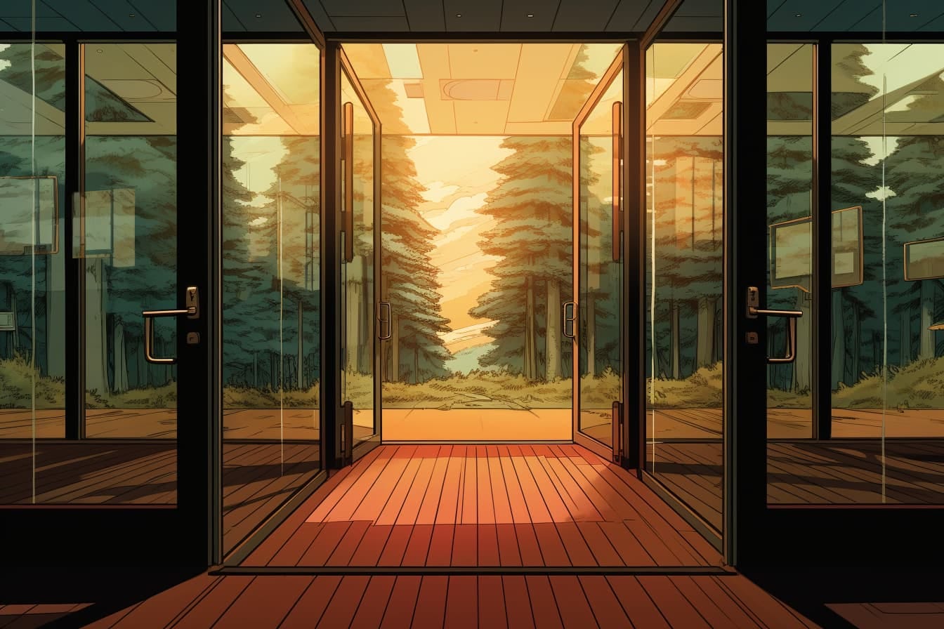 graphic novel illustration looking through the glass doors of a corporate office into a vast forest