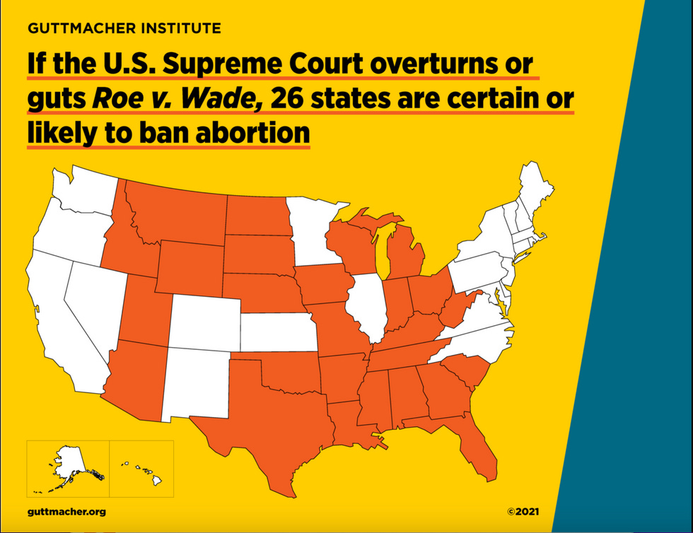 Map depicting the 26 states where abortion will likely be illegal if Roe is overturned