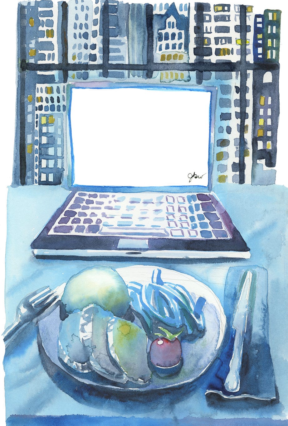 Illustration of a computer in the dark overlooking a New York City skyline