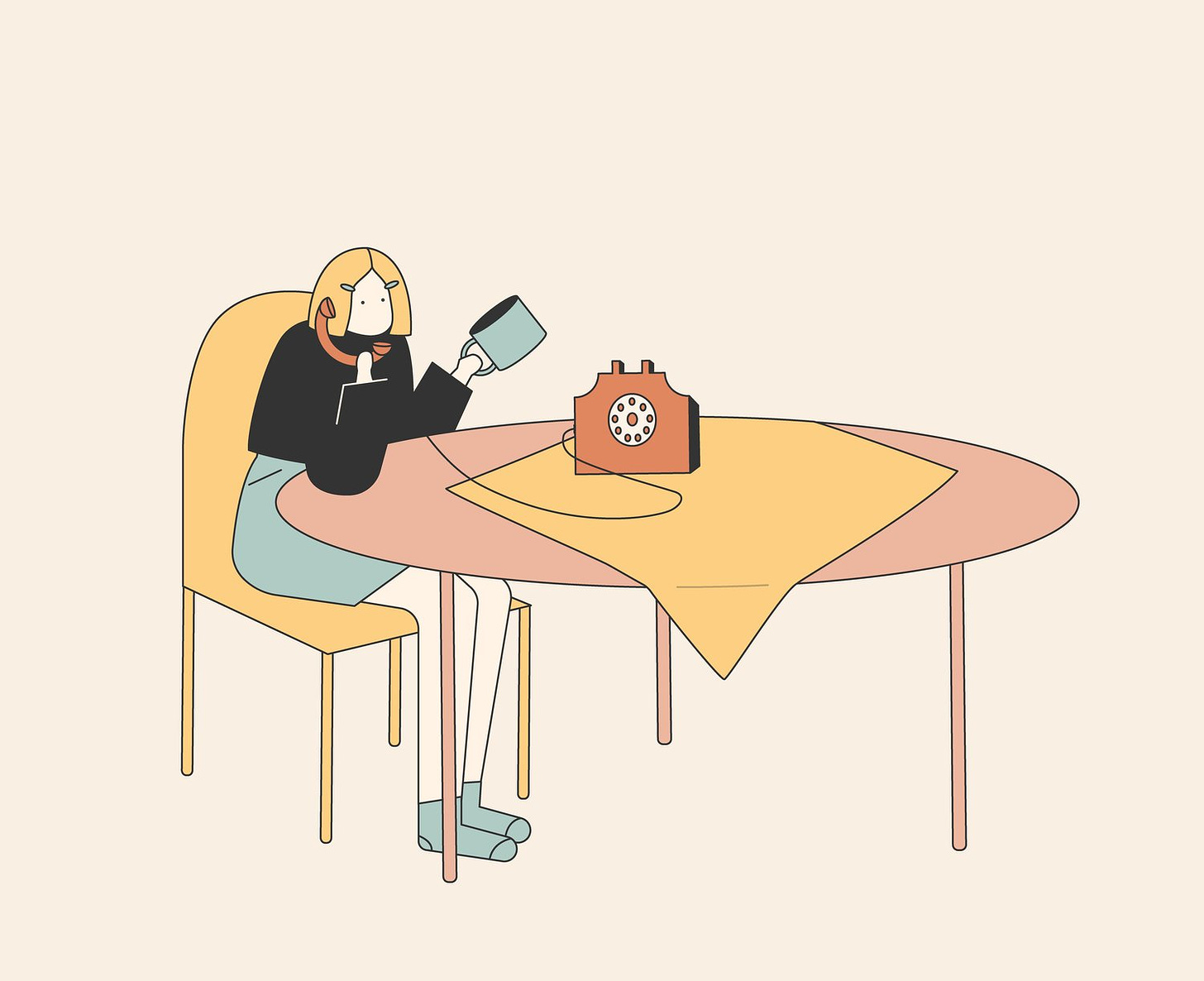 A girl (wearing blue shorts, blue socks, and blue hair clips) sitting at a table and talking on an old dial-up phone.