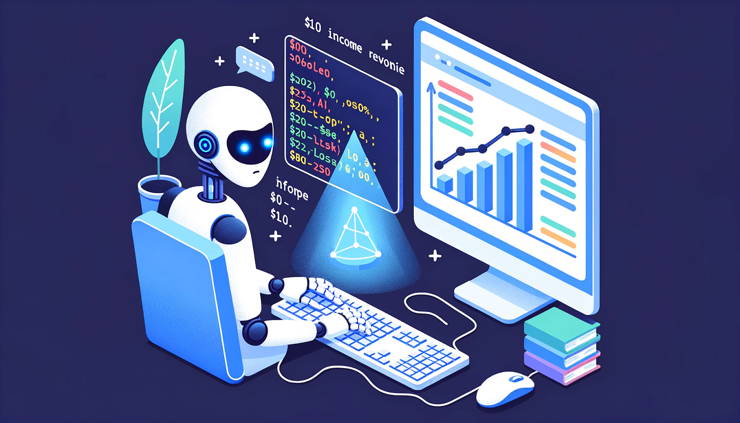 Illustration of a programmer efficiently typing code with the assistance of a glowing AI entity beside them. A bar chart nearby shows a decline in revenue with labels indicating '$10 income' and '$20-$80 loss'.