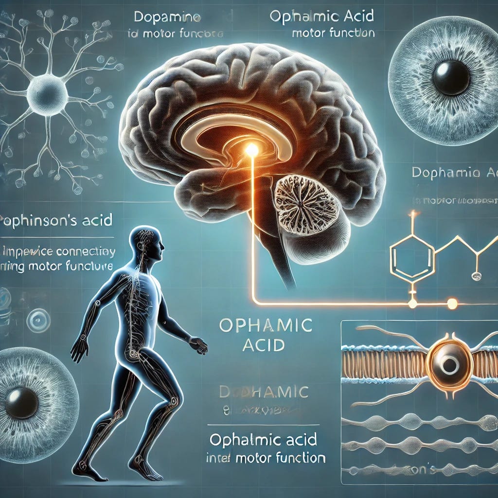 A scientific illustration showing the brain and a highlighted pathway of ophthalmic acid influencing motor function, representing the connection to Parkinson's disease. The image should include neurons, receptors, and a visual comparison between dopamine and ophthalmic acid. Subtle elements such as improved movement (e.g., a silhouette walking or moving freely) should be included to convey the reversal of Parkinson’s symptoms. The background should feature calming, medical tones to indicate research and innovation.