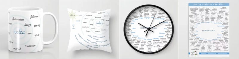 four product pictures - a mug, pillow, clock, and poster