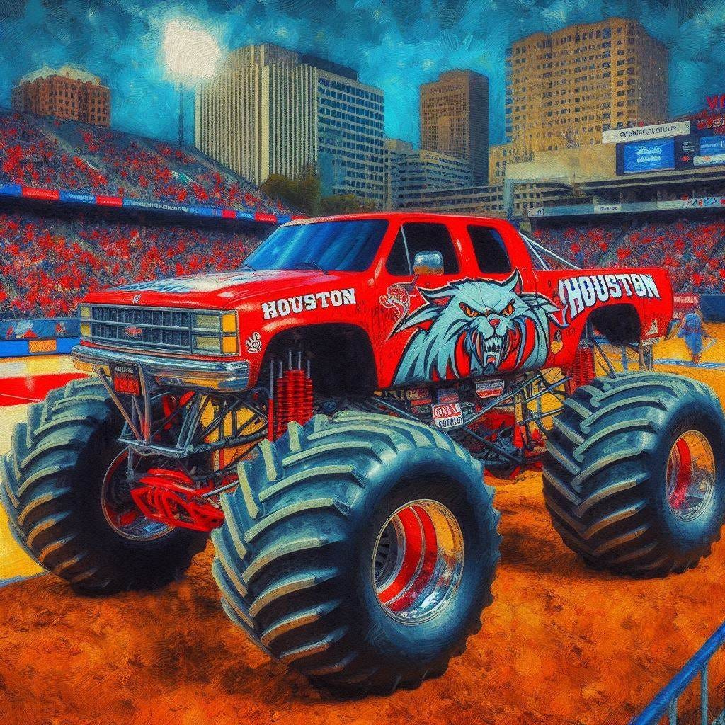 A monster truck themed around the Houston Cougars basketball team, impressionism