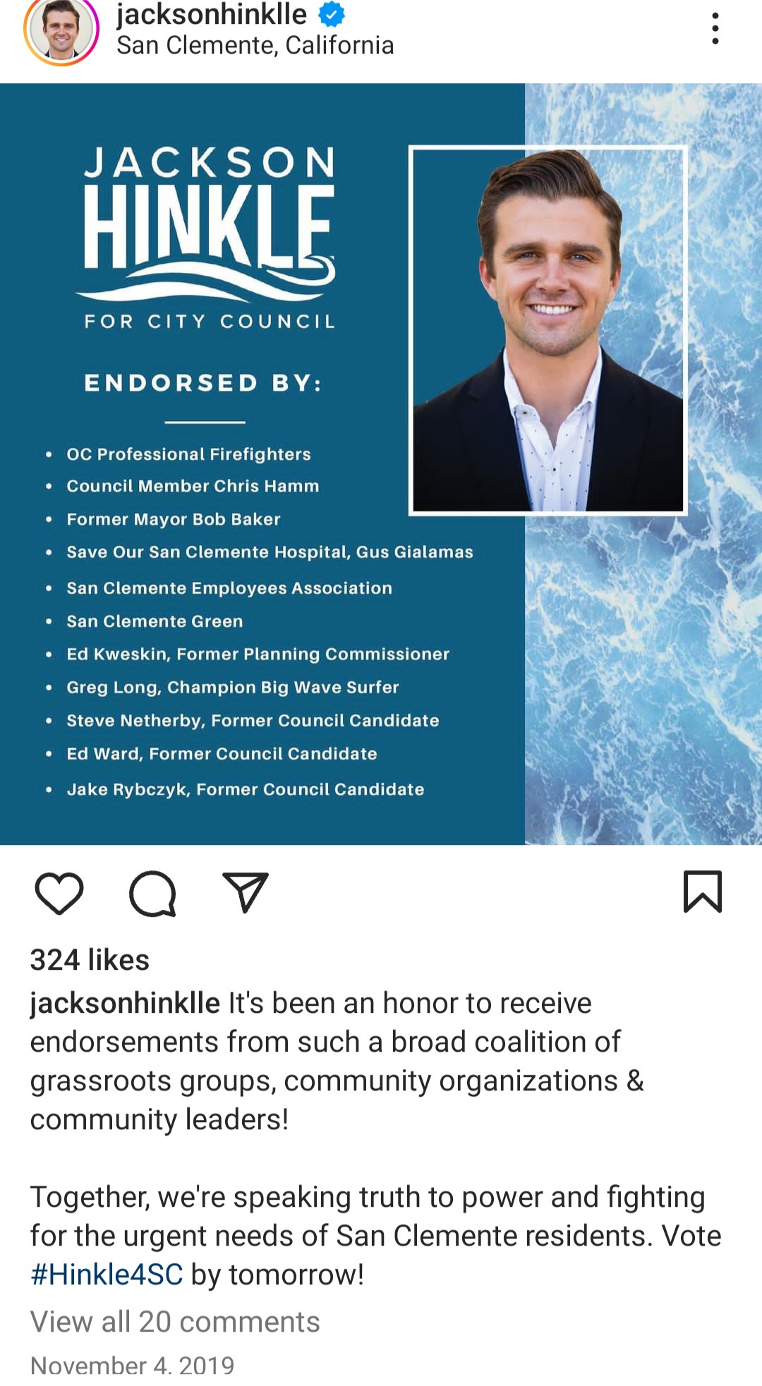 Jackson Hinkle's 2019 Instagram post touting his campaign for San Clemente City Council and the local groups who supported him.