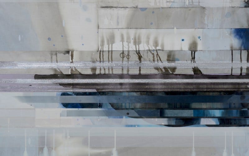 A blue, grey, and white abstract work, like drips that are pulled upward and horizontal glitchy strips.