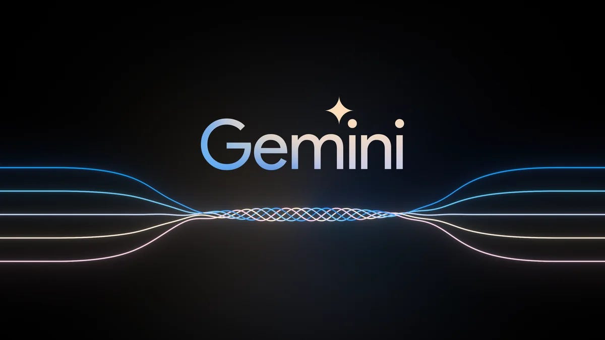 The word “Gemini” above five separate threads, each a different color, converge from the left into a three-dimensional central helix before separating back out toward the right into five individual strands once more.