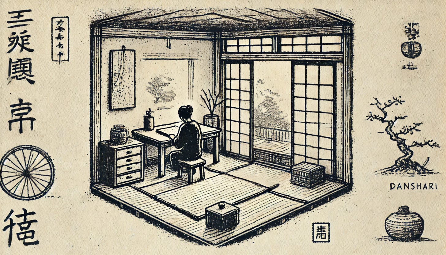 A rustic, black and white drawing depicting the concept of Danshari, a Japanese minimalist lifestyle, in a 16:9 aspect ratio. The illustration features a serene and clutter-free living space with a person practicing mindfulness, perhaps meditating or organizing a small, simple room with minimal furniture and decor. Include elements like a low table, a tatami mat, and open windows showing nature, symbolizing a connection to simplicity and mindfulness. The style is simple and hand-drawn, with basic line work and no shading, resembling a sketch. The drawing is on slightly textured, off-white paper, conveying a sense of calm, clarity, and intentional living.