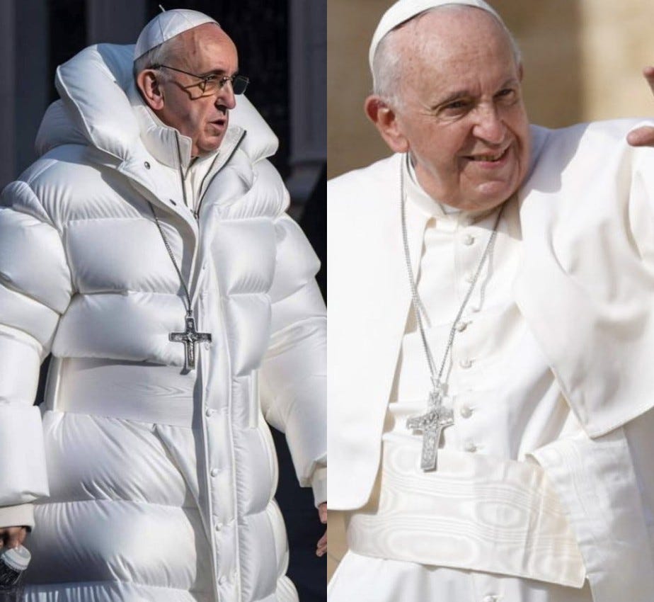 À esquerda, imagem de Papa Francisco gerada por inteligência artificial que viralizou na web