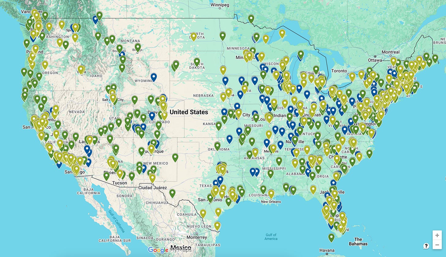 Map of the US with pins indicating the locations of protests.