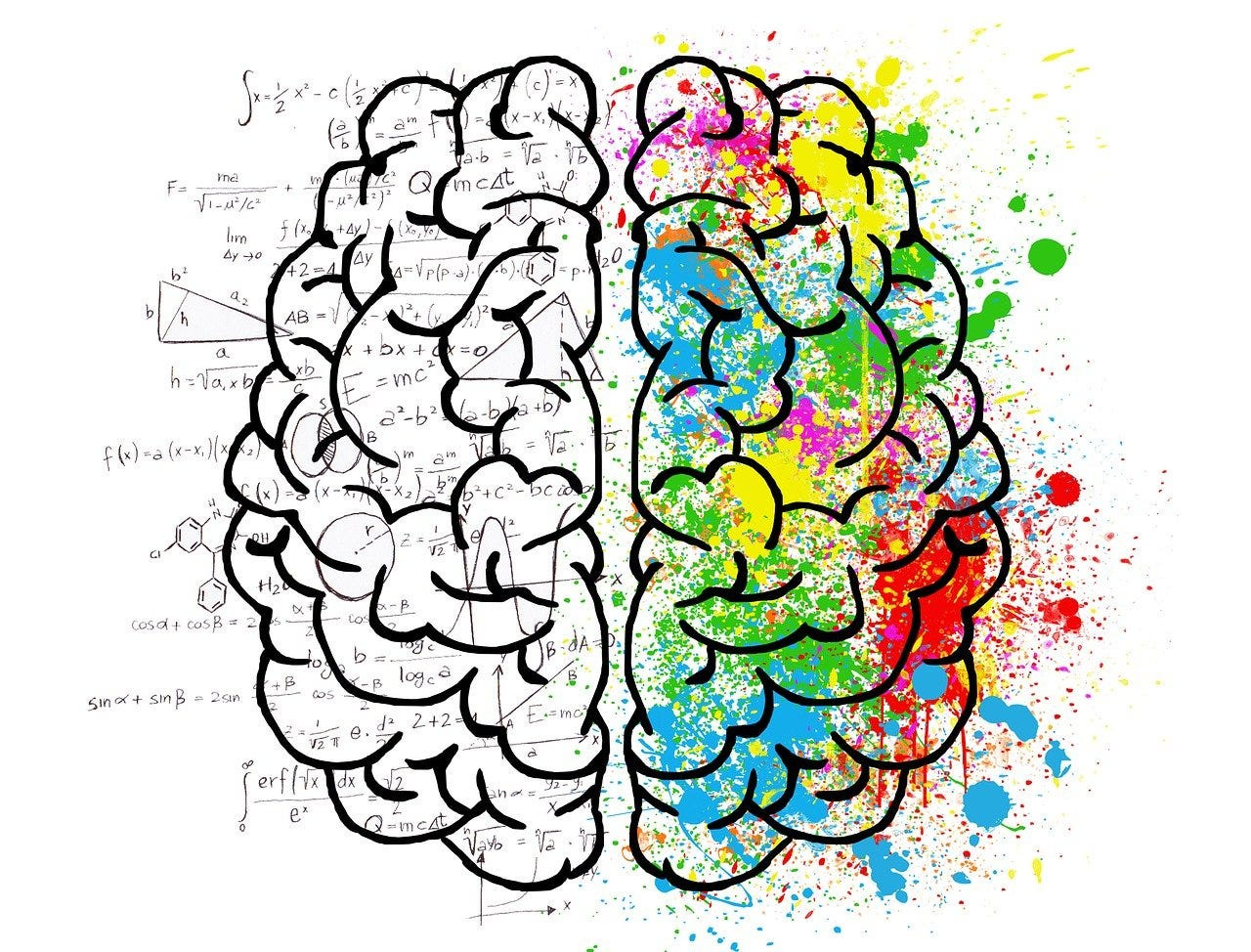 Image of brain halves — one in colorful abstract, the other in black and white