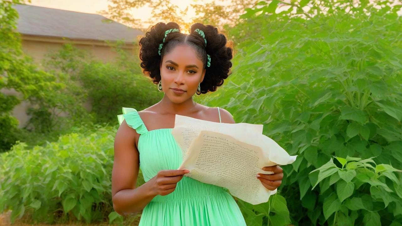 digital painting, a dark-skinned Black woman in her 30s stands confidently outdoors, wearing a flowing mint-green dress with peach sunflower blooms. Her hands, faintly speckled with freckles, hold a parchment inscribed "TRUTH DECLARED." Tightly coiled Bantu knots frame her poised stance. Warm golden-hour light highlights textured facial contours and the crisp linen paper clutched in her grasp, soft bokeh background, 8K ultra-realism.