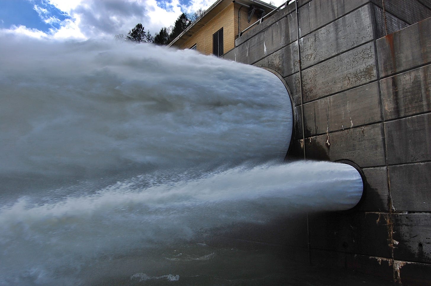 The massive outflow jets of water from the Summersville Dam in West Virginia