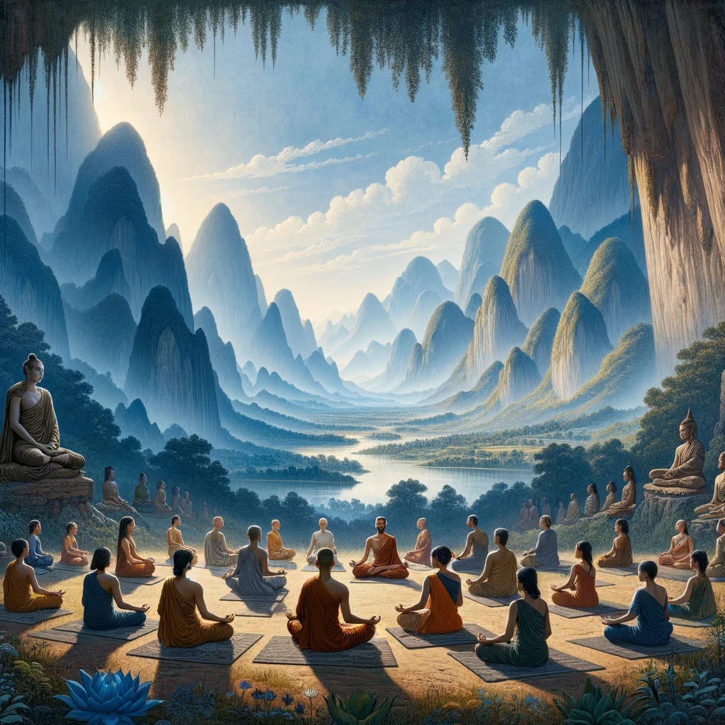 An ancient meditation practice in a serene, mountainous landscape. The scene shows a group of people sitting in various meditation poses, with a calm and peaceful expression, surrounded by nature. Mountains rise in the background, and there's a clear, blue sky overhead. The focus is on the harmony between humans and nature, illustrating the deep roots of meditation in human culture.